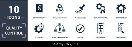 Quality Control icon set. Contain filled flat procedure, infrastructure, traceability, work environment, improvement, check icons. Editable format