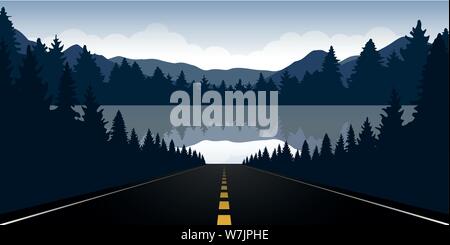road to the lake in the forest with blue mountain landscape vector illustration EPS10 Stock Vector