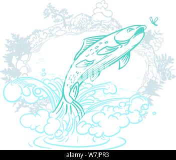 Fish jumping up out of water for a fly with shoreline in the background circle Stock Vector