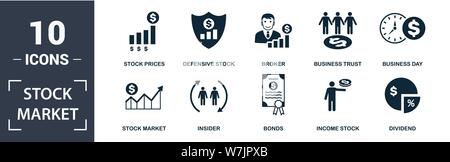 Stock Market icon set. Contain filled flat broker, stock prices, business day, business trust, dividend, defensive stock icons. Editable format Stock Vector