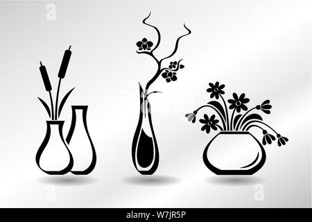 Collection of flat icons vases with flowers, orchid, snowdrops, bulrush Stock Vector