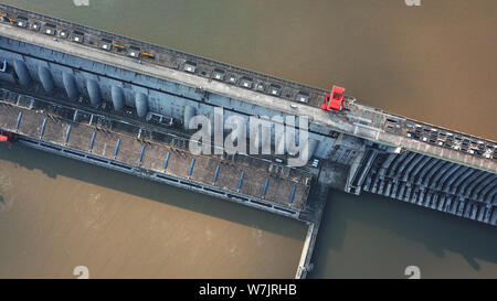 Panoramic view of the Three Gorges Dam operated by China Three Gorges Corporation on the Yangtze River in Yichang city, central China's Hubei province Stock Photo