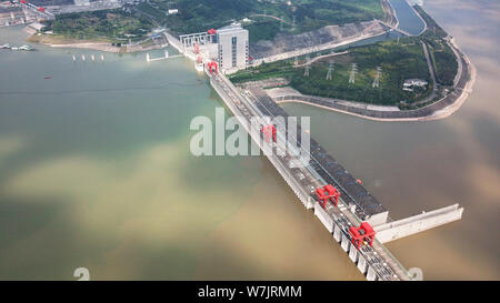 Panoramic view of the Three Gorges Dam operated by China Three Gorges Corporation on the Yangtze River in Yichang city, central China's Hubei province Stock Photo