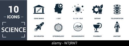 Science icon set. Contain filled flat gene banks, epidemiology, teleportation, black hole, anatomy, botany icons. Editable format. Stock Vector