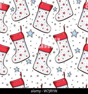 Christmas decoration elements seamless pattern. Traditional colorful decorations. Xmas socks and stars. Decorative patchwork textile, invitation card, wallpaper, wrapping paper fill Stock Vector
