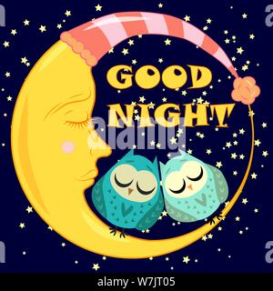 Good night. A postcard with a dozing crescent, two lovely cartoon owls and text. Stock Vector