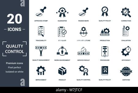 Quality Control icon set. Contain filled flat correction, efficiency, infrastructure, quality policy, traceability, production, guarantee icons