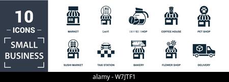 Small Business icon set. Contain filled flat market, pet shop, delivery, ice cream shop, book shop, coffee shop, cafe , pizzeria icons. Editable Stock Vector