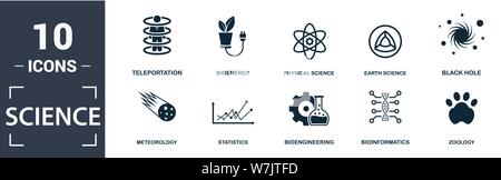 Science icon set. Contain filled flat logic, statistics, physical science, earth science, meteorology, zoology icons. Editable format Stock Vector