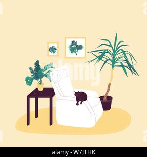 Cosy room inreior with black cat in armchair. Isolated on white background. Flat style cartoon stock vector Stock Vector
