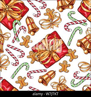 Christmas decoration elements seamless pattern. Traditional colorful decorations. Gift box, candy canes, bells and xmas gingerbread. Decorative patchwork textile, invitation card, wrapping paper fill Stock Vector