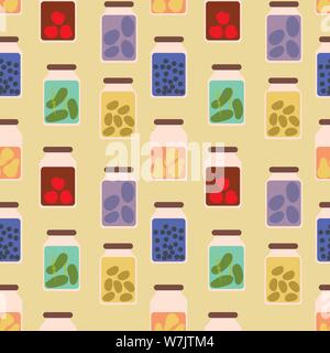 seamless vector pattern with jars full of preserved fruits and veggies Stock Vector