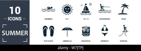 Summer icon set. Contain filled flat sun, umbrella, flip flops, palm, backpack, yacht, swimmer, wakeboard icons. Editable format Stock Vector