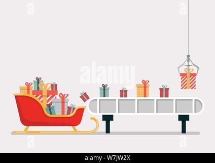 Robotic claw put a gift box on the engine belt. Vector illustration Stock Vector