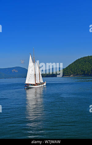 A sailboat plies the waters of the Salish Sea off the San Juan Islands in Washington State, USA Stock Photo