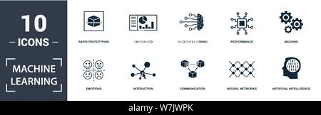 Machine Learning icon set. Contain filled flat machine learning, machine, dashboard, artificial intelligence, emotions, performance, neural networks Stock Vector