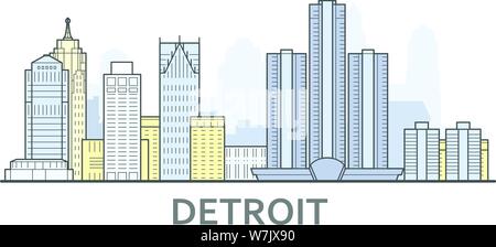 Detroit cityscape, Michigan - city panorama of Detroit, skyline of downtown Stock Vector