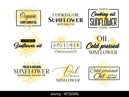 Sunflower Oil Logos Set, Technology Wildflower Logo Templates for Brabding Identty. Yellow and Black Vector Isolated Flowers Hand Drawings with Lettering and Frames Stock Vector