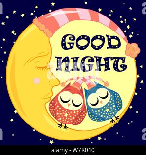 Good night. A postcard with a dozing crescent, two lovely cartoon owls and text. Stock Vector