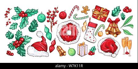 Holiday Xmas party vector decoration objects set. Cartoon color gift box, champagne, socks, bells. Holli Ilex, candy canes and santa claus hat. Christmas greeting card, poster design. New Year symbols Stock Vector