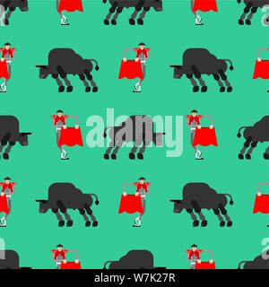 Matador and bull pattern seamless. Bullfight background. Bullfighter and ox. vector ornament Stock Vector