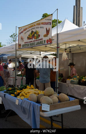 A young Amish boy serves customers from behind the counter of his family's booth at Fort Wayne's Farmers' Market in downtown Fort Wayne, Indiana, USA. Stock Photo