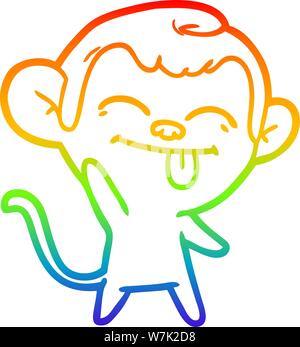 rainbow gradient line drawing of a funny cartoon monkey waving Stock Vector