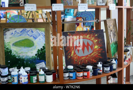 Colorful paintings created by children with mental and intellectual disabilities as a part of a charity project titled 'Enlighten Life with Art' initi Stock Photo