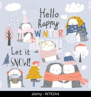 Set of cute penguin characters in winter clothes Stock Vector