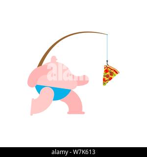 Fat man run for pizza. fast food on fishing rod Stock Vector