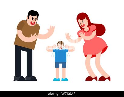 Parents scold child. Man and woman swear. Dad and mom scream at boy Stock Vector