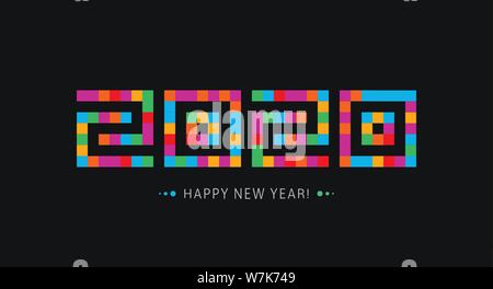 Happy New Year icon. 2020 year logo. Modern stylish greeting card template. Mosaic tiles style numbers. Stained glass window on black background Stock Vector