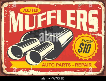 Auto mufflers retro tin sign design. Auto parts and car repair vintage poster. Exhaust pipe systems and service. Transportation vector image. Stock Vector
