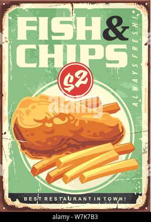 Fish and chips retro ad tin sign design. Fried fish fillet with fries vintage advertising. British traditional food vector illustration. Stock Vector