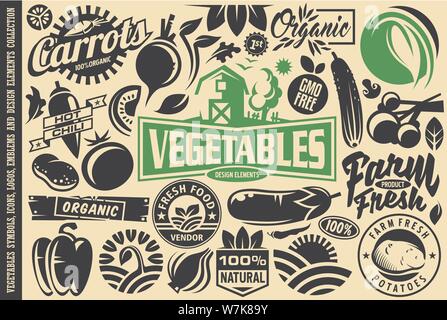 Vegetables design elements and symbols, Farming related graphics, logos and icons. Bulk collection of vector vegetables and farm products. Stock Vector
