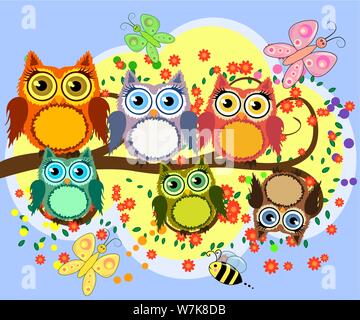 A family of bright, cartoon, cute, colorful owls on a flowering tree branch, parents, children, chicks Stock Vector