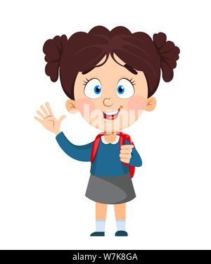 Cartoon school girl with backpack waving hand Stock Vector Image & Art ...