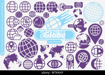 Globe, world map and earth symbols, icons, logos and design elements collection. Modern web icons set for mobile and web apps. Stock Vector