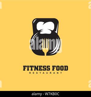 Fitness food restaurant logo design concept with kettle bell  and chef hat and fork shape in negative space. Healthy food symbol design. Stock Vector