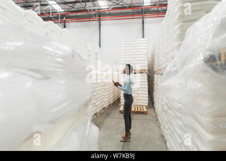 Female manager with digital tablet checking stocks in warehouse Stock Photo