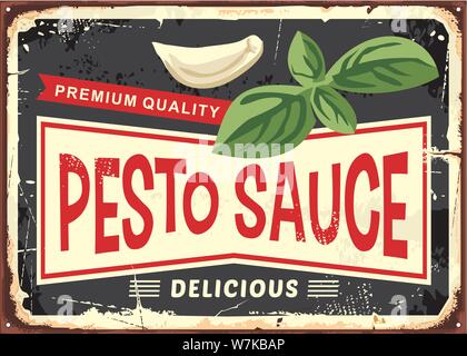 Pesto sauce vintage sign. Delicious food ingredient with basil and garlic. Vector image. Stock Vector