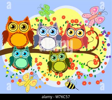 A family of bright, cartoon, cute, colorful owls on a flowering tree branch, parents, children, chicks Stock Vector