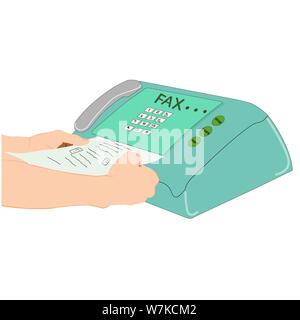 hand man are using a fax machine equipment for data transmission vector illustration Stock Vector