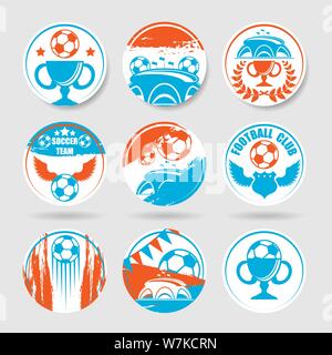 Set of nine different soccer sport stickers isolated on gray background Stock Vector