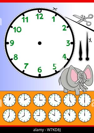 Cartoon Illustrations of Clock Face Telling Time Educational Worksheet for Children Stock Vector