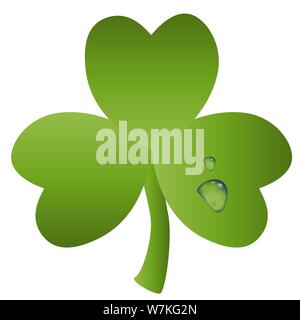 St. Patrick card with green leaf of clover and transparent drops of water on it Stock Vector