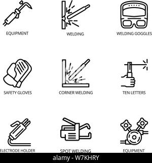 Welding tools icon set. Outline set of 9 welding tools vector icons for web design isolated on white background Stock Vector