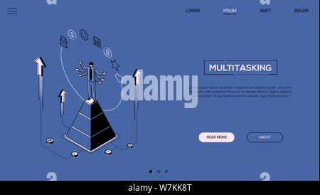 Multitasking concept - line design style isometric web banner Stock Vector