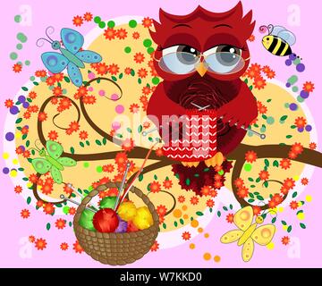 A red flirtatious owl in glasses sits on a branch and knits a red and white sock, Basket with colorful balls hangs on a branch Stock Vector