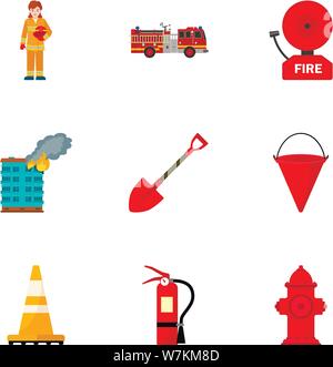 Firefighter equipment icon set. Flat set of 9 firefighter equipment vector icons for web design isolated on white background Stock Vector